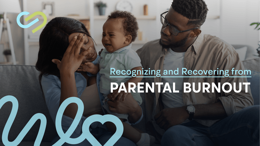 African mother sitting on a couch with her hand on her forehead, visibly stressed, holding a crying baby, while the father looks on with concern. Text overlay reads: Recognizing and Recovering from Parental Burnout. EmpathySpace branding is visible.